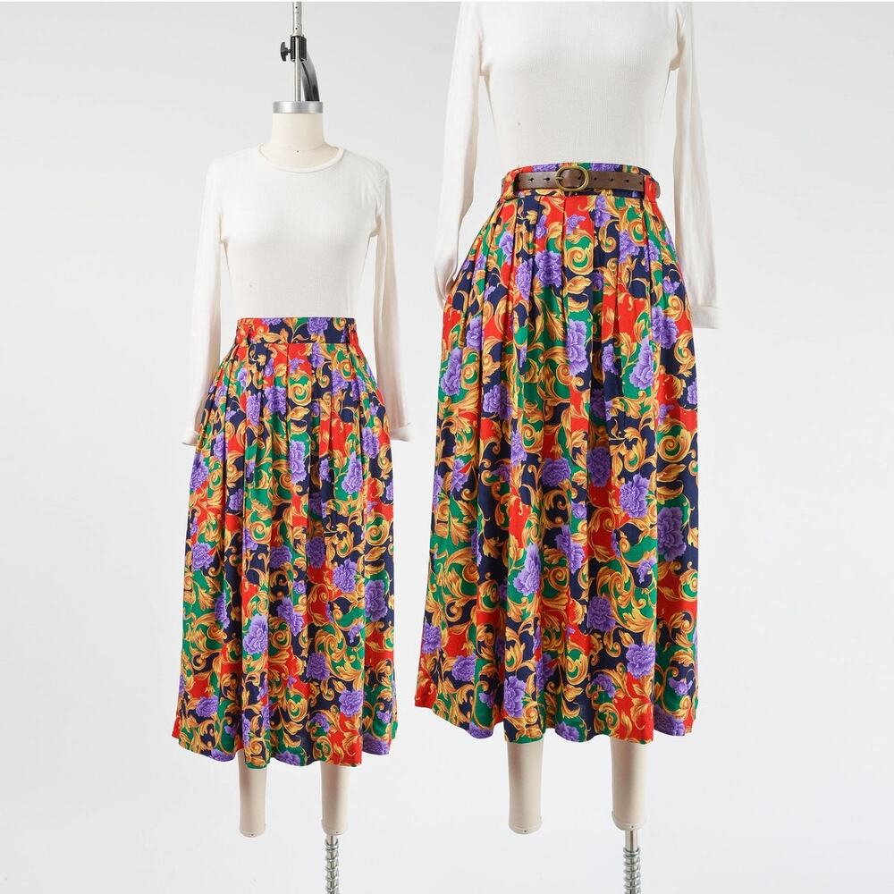 Vintage 80s Baroque Floral Floral Midi Skirt Pleated Full Skirt Pockets M L